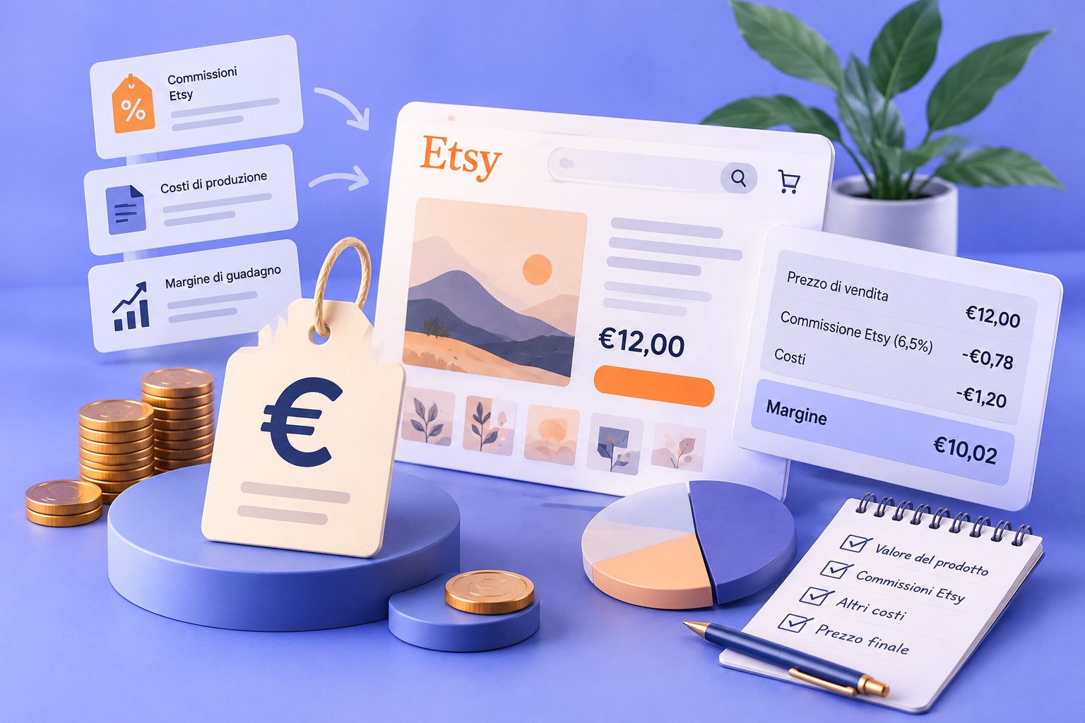 Inserzione Etsy da 12 euro accanto a una calcolatrice e a un quaderno con il calcolo di commissioni e guadagno