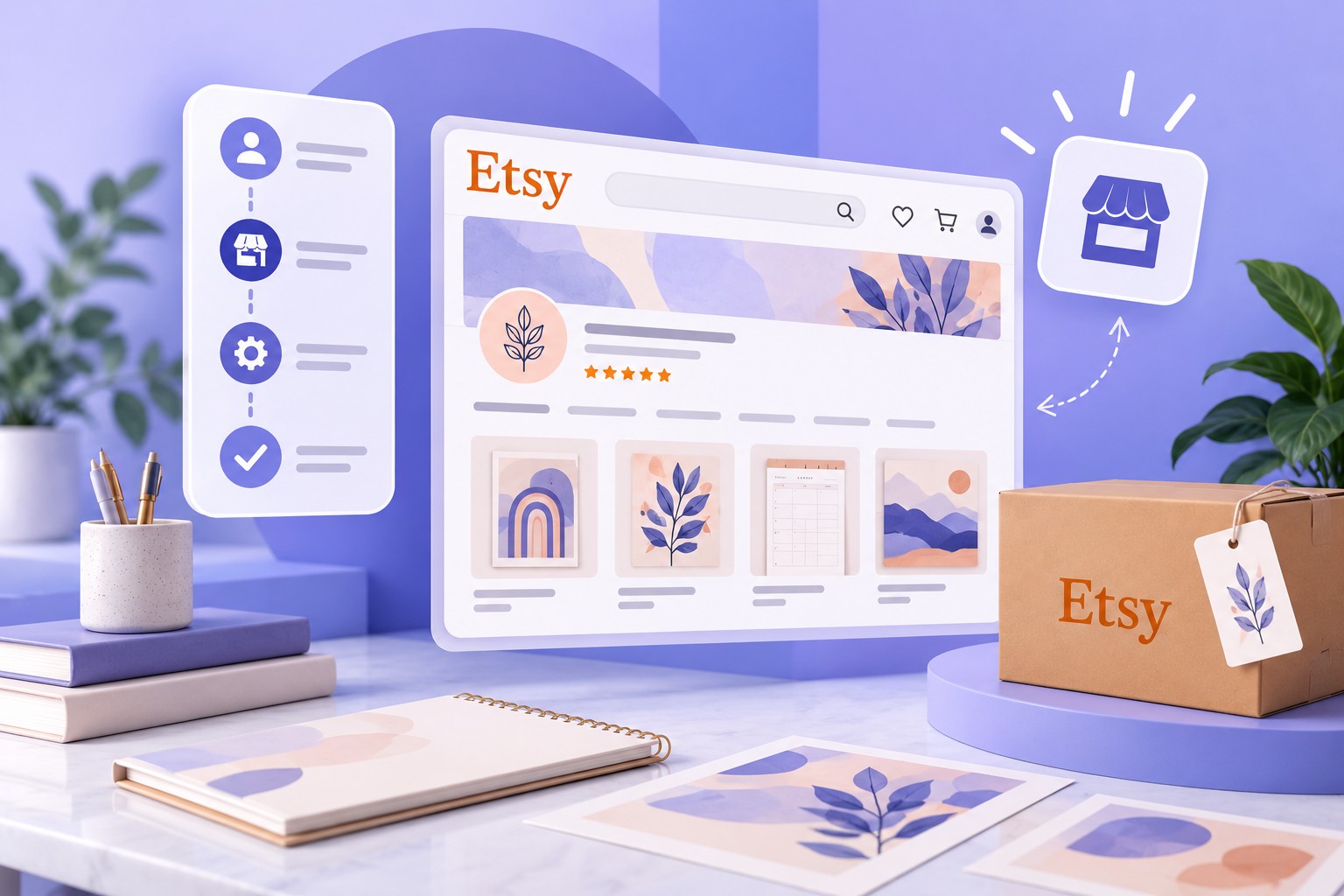 Laptop con la pagina di un negozio Etsy e icone di profilo, pagamento, negozio e politiche