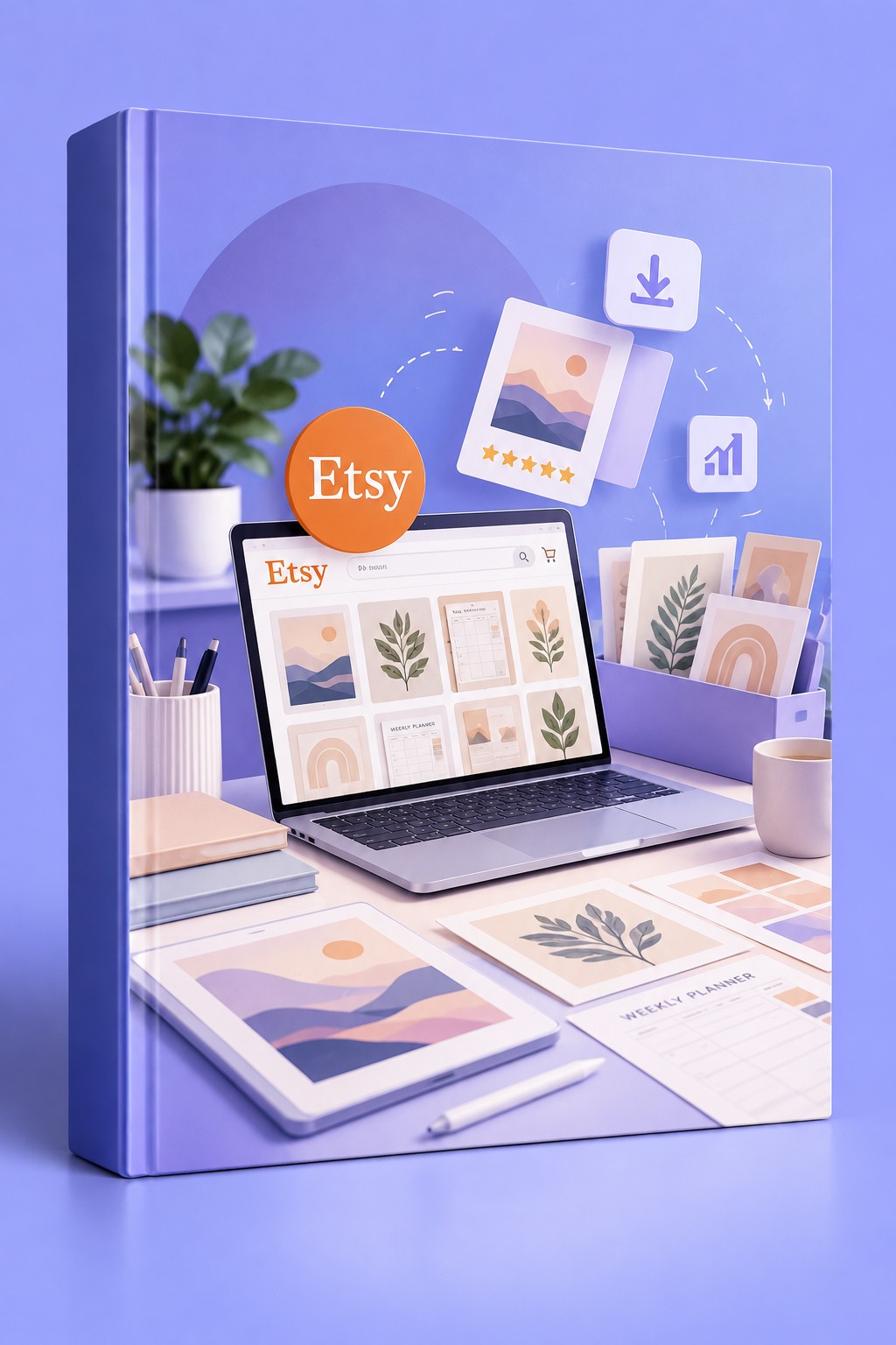 Copertina dell'ebook “Tutto ciò che ti serve per lanciare il tuo negozio” con un laptop che mostra un negozio Etsy