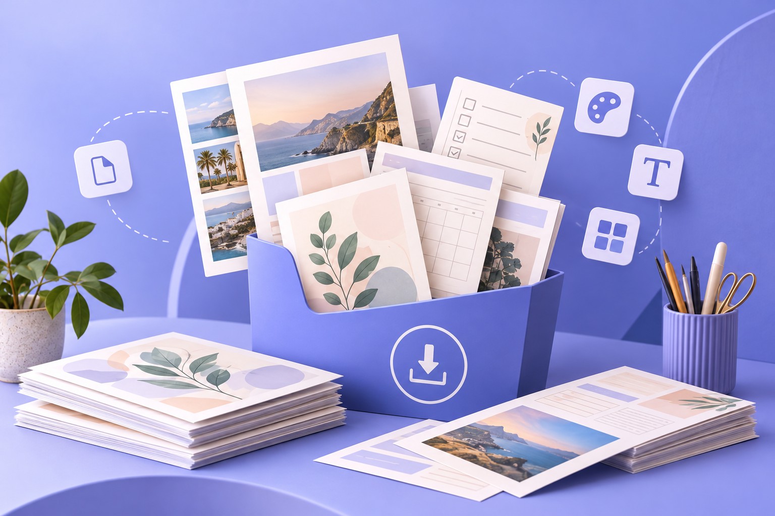 Laptop con un software di design aperto su un'illustrazione, accanto a stampabili e a un quaderno