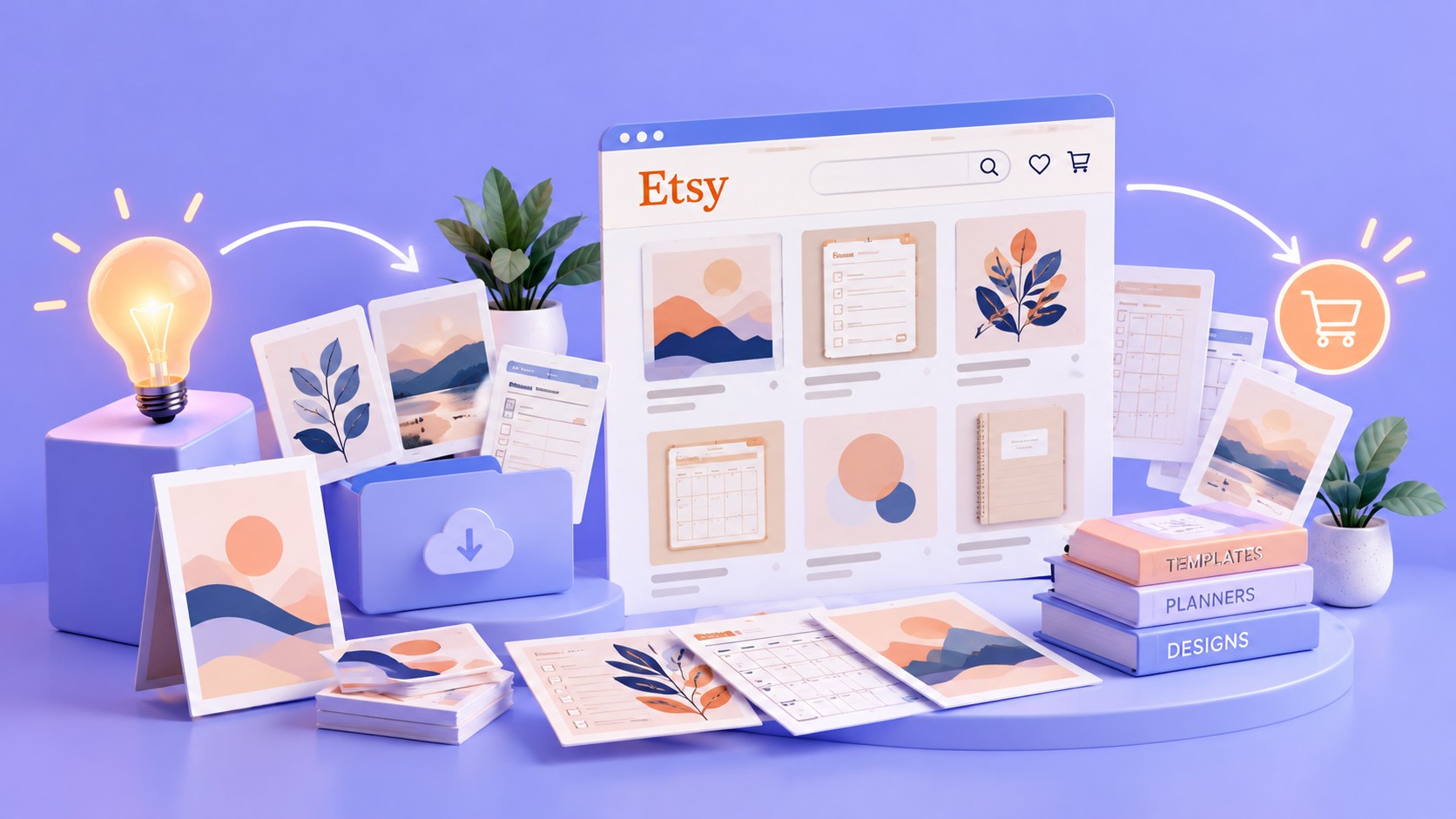Laptop che mostra un negozio Etsy di planner e prodotti stampabili su una scrivania ordinata