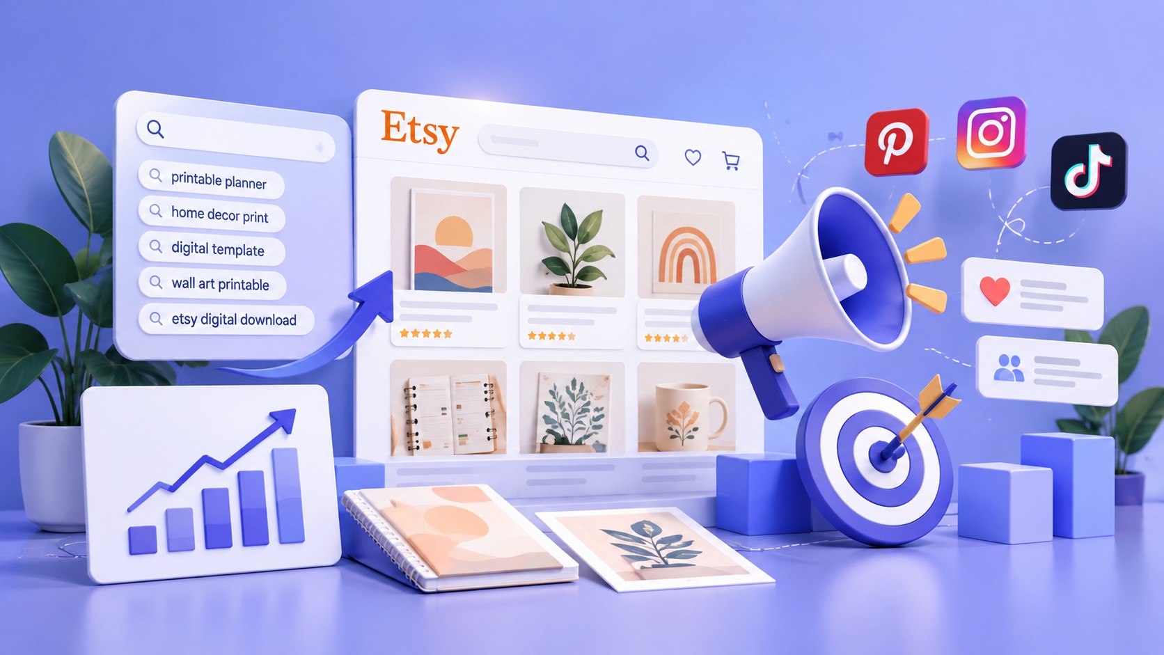 Laptop con inserzioni Etsy, un megafono, un grafico di crescita e un bersaglio a rappresentare promozione e visibilità