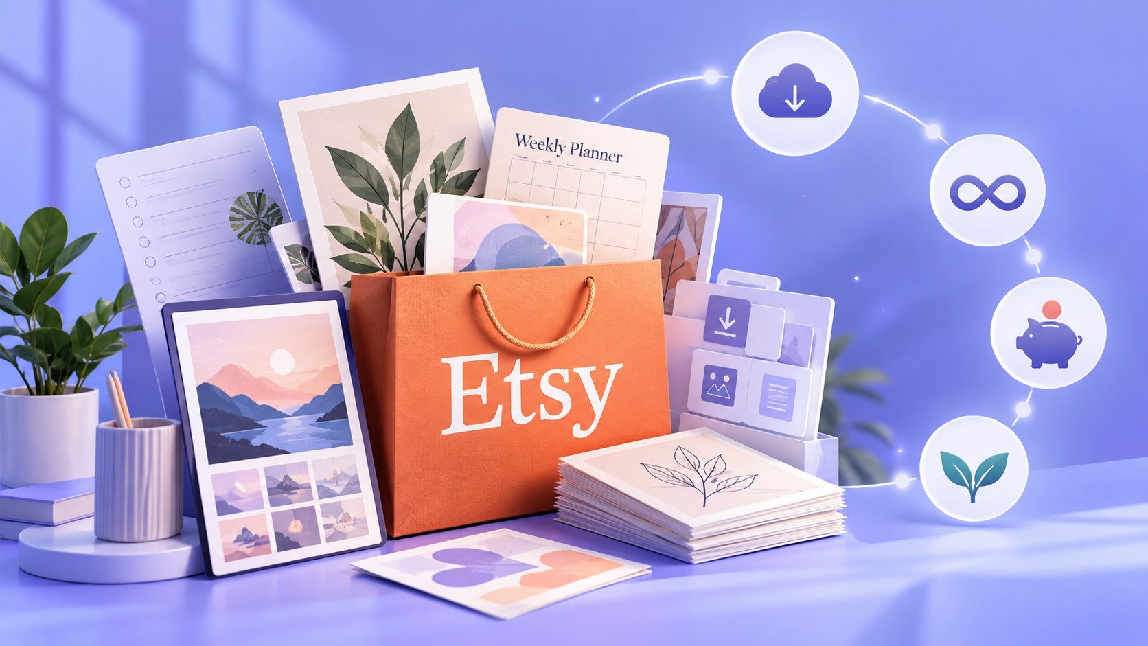 Laptop con un negozio Etsy e icone che rappresentano pagamenti, assenza di spedizioni, crescita e consegna immediata